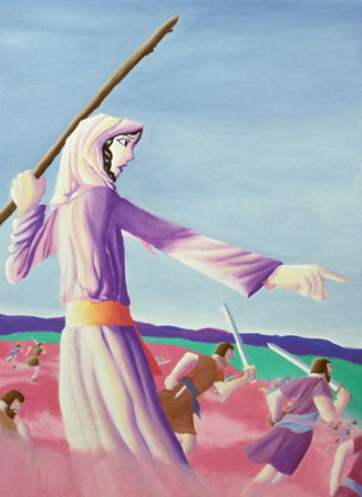 Oil painting of Deborah the Prophetess leading the Israeli army to battle. Inspired by Judges Chapter 4.