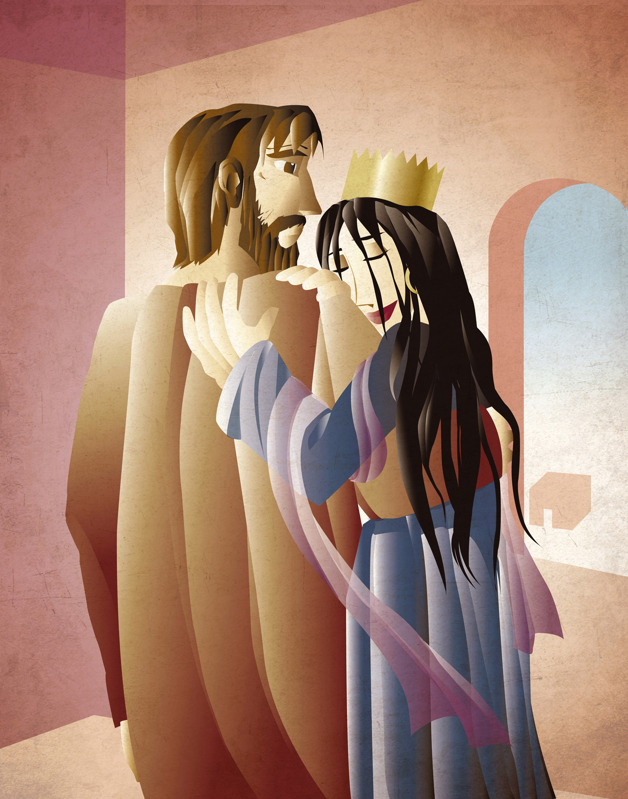 Vector illustration of Queen Esther and her Uncle Mordecai embracing after Haman's defeat. Inspired by the events following Esther Chapter 7.