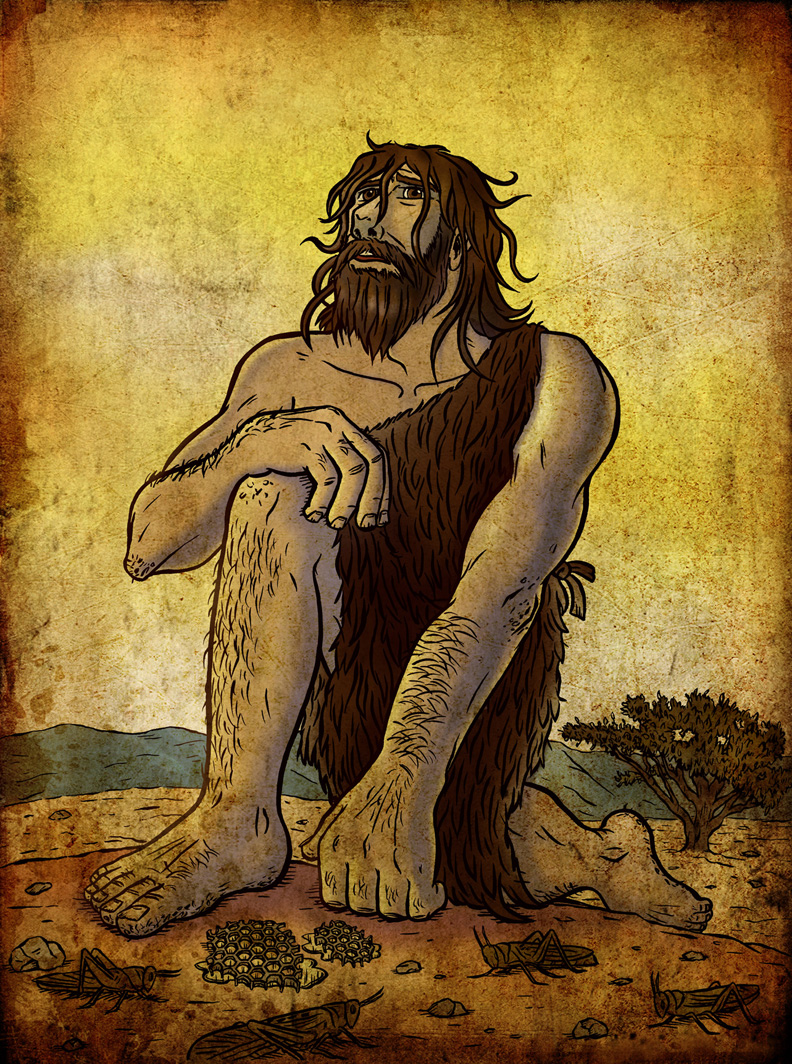 Illustration of John the Baptist, looking up to heaven, in the desert. Inspired by John Chapter 1.