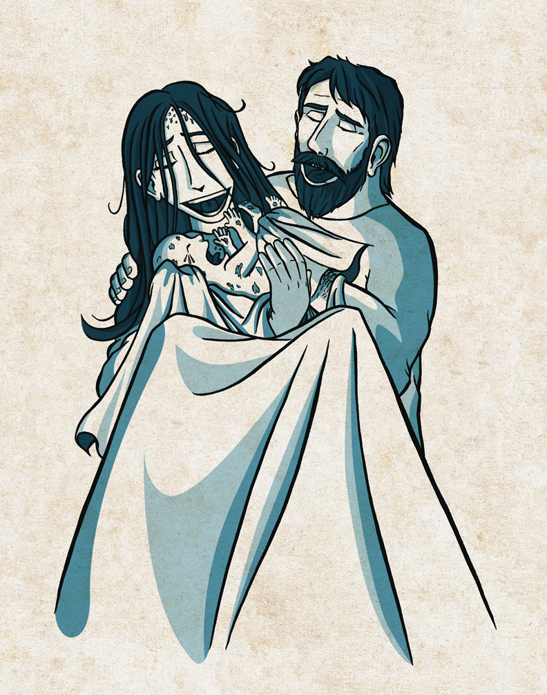 Inked illustration of the holy family, Joseph, Mary and Jesus, after Mary had given birth to Jesus. Inspired by John Chapter 1.