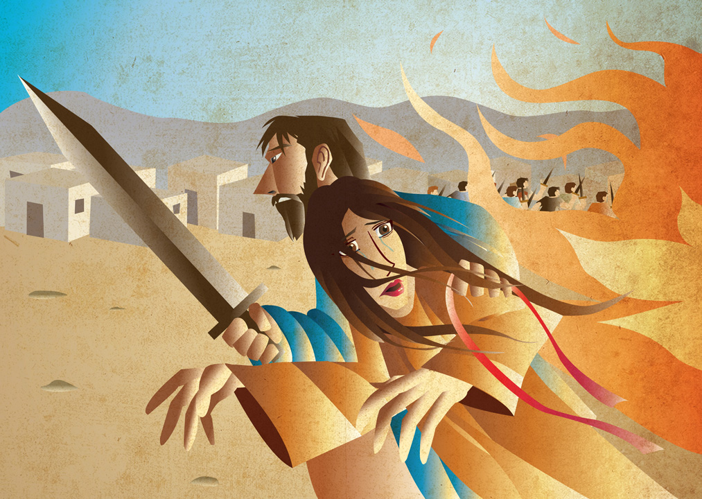 Vector illustration of Rahab being saved by one of the spies that she had earlier hid. Inspired by Joshua Chapter 6.