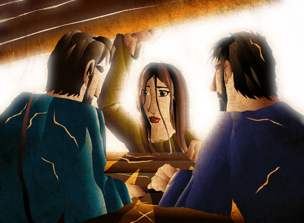 Vector illustration of Rahab hiding the spies under the stalks of flax. Inspired by Joshua Chapter 2.