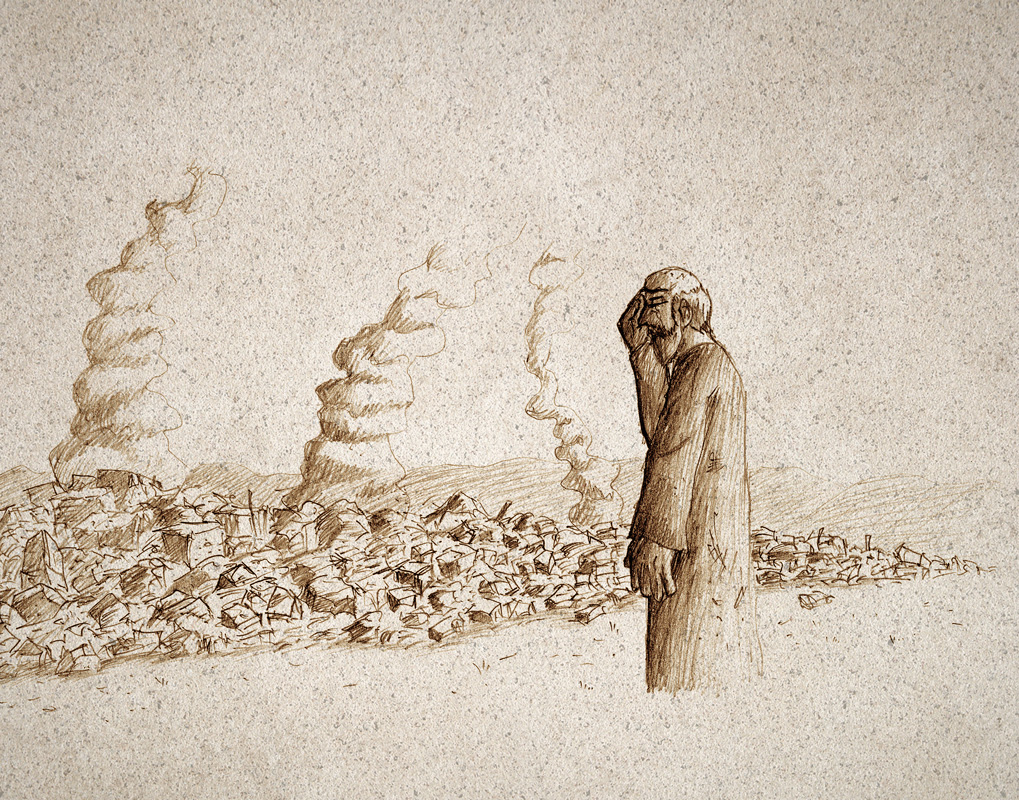 Pencil drawing of the prophet Jermiah weeping over the burning ruins of Jerusalem. Inspired by the Book of Jeremiah.