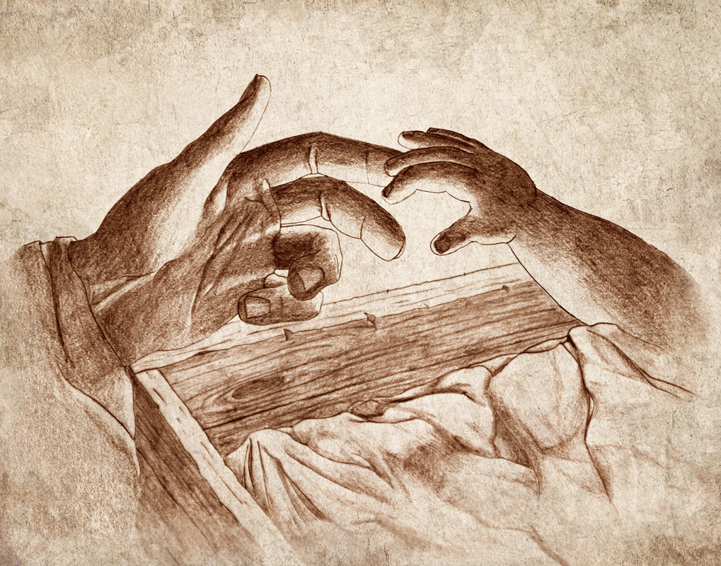 Pencil drawing of the Baby Jesus' hand reaching out to grab Mary's hand, from the manger. Inspired by Luke Chapter 2.