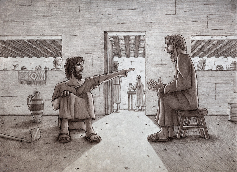 Pencil drawing of the Prodigal Son's older brother pointing at the father, accusing him of unfairness between him and his brother. Inspired by Luke Chapter 15.