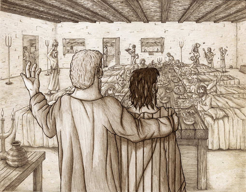 Pencil illustration of the father presenting his newly arrived son in front of a large gathering of dinner guests. Inspired by Luke Chapter 15.