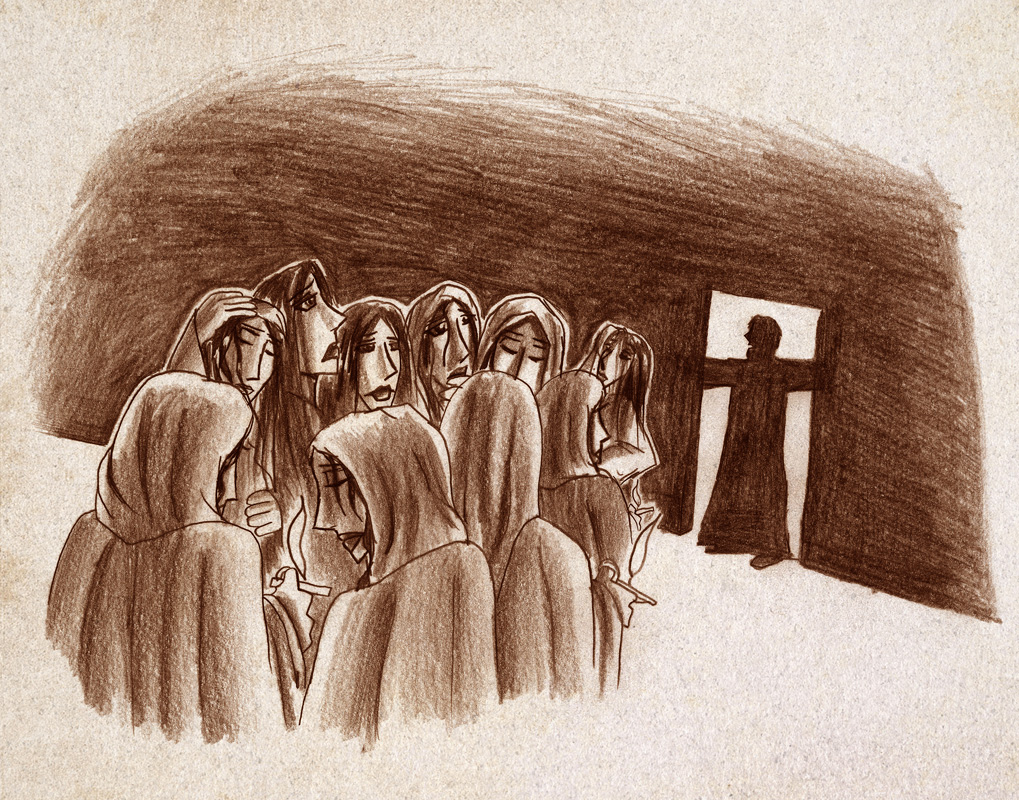 Pencil drawing of the ten virgins being told that the Groom has arrived. Inspired by Matthew Chapter 25.
