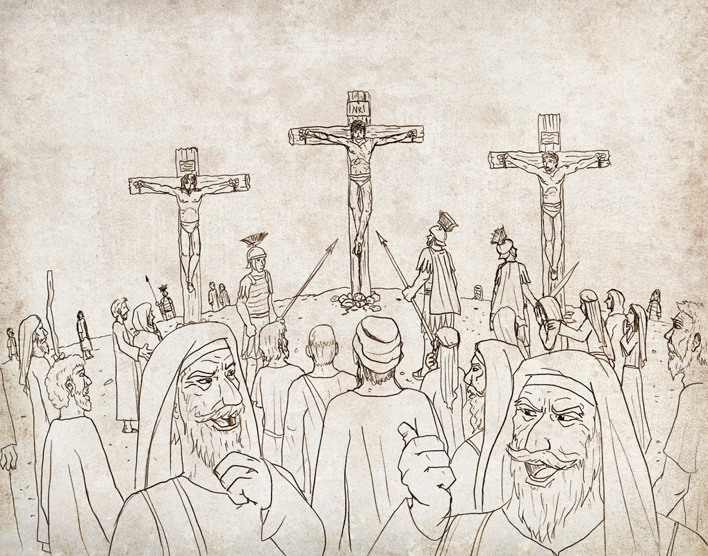 Pencil illustration of Jesus and the two thieves next to him on their crosses, with the Pharisees laughing at Jesus in the foreground. Inspired by Matthew Chapter 27.